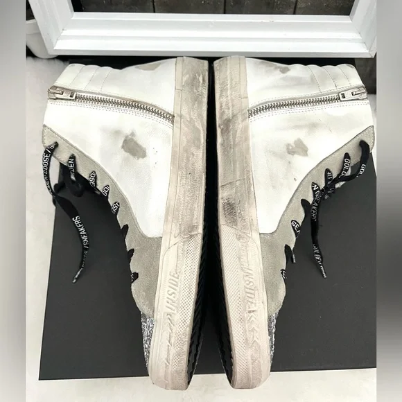 GOLDEN GOOSE Slide Leather Leopard Glitter Toes Mid/High Top Zipper Sz 42 US 12